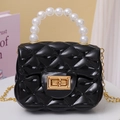 Black mini jelly shoulder bag with quilted diamond pattern and elegant pearl handle - Black