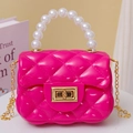 Chic magenta quilted jelly bag with pearl handle and golden chain strap for girls - Rose Red
