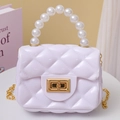 Pale pink quilted mini jelly bag with pearl handle and golden chain strap - White