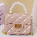Quilted mini jelly crossbody bag in beige with pearl handle and gold chain strap - Apricot