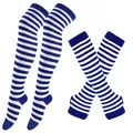 Blue and white striped thigh high socks with matching fingerless arm warmer set - Hands + Feet / Royal Blue Thin Stripes 39 / One Size