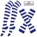 Blue and white striped over-knee socks and matching arm sleeves knit accessory set - Hands + Feet / Royal Blue Wide Stripe 40 / One Size