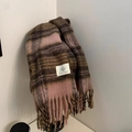 Pink and brown plaid scarf featuring vintage fringes and woven brand label detail - Pink