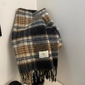 Classic coffee and black checkered scarf with tassel edges and branded patch detail - Black Brown