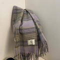 Classic plaid scarf in purple, grey, and light yellow checks with soft fringe trim - Violet