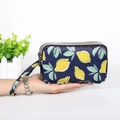 Three-layer canvas wristlet purse with navy blue lemon print and three zippers - Blue Lemon