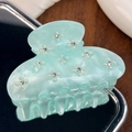 Elegant mint green acrylic hair claw clip featuring sparkling floral rhinestone patterns - 6.5cm / Cyan