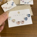 Three pairs of heart-shaped crystal stud earrings in iridescent, pink, and light blue colors - Small Heart Stud Earrings Style (GB1056) / 3 Pairs Set