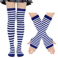 Blue and white striped thigh high socks with matching fingerless long gloves set - One Size / Royal Blue Fine Stripe