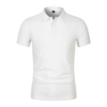 Close-up van een witte piqué katoenen poloshirt met klassieke kraag en maatlabel L - S / Wit