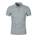 Detailweergave van grijs poloshirt met korte mouwen, drieknoopssluiting en geribde manchetten - S / Grijs