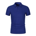 Detailed view of the royal blue polo shirt collar with three buttons and size L label - Sapphire Blue