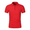 Macro detail of high-quality red Polo shirt collar, three buttons, and fabric texture - Red