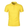 Detail of yellow business Polo shirt showing rib-knit collar and size label - Yellow