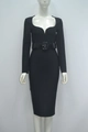 Close-up of black long-sleeve bodycon dress with embossed leather belt and metal buckle - XS / Black