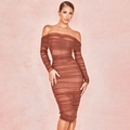 Detail of elegant off-shoulder ruched mesh midi dress in dark brown for formal parties - S / Tan