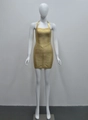 Detail of gold halter bandage mini dress showing metallic texture and knit patterns - XS / Gold