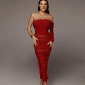 Detail of the pleated mesh fabric and asymmetric off-shoulder design on a red dress - XS / Red