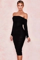 Detailed view of the black ruched mesh fabric texture on this off-shoulder slim-fit dress - M / Black