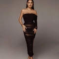 Detail of ruched black off-shoulder evening dress with asymmetrical slit and bodycon fit - XS / Black