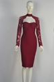 Detailed close-up of burgundy lace sleeves and halter neckline on a bodycon dress - XS / Burgundy