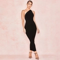 Close-up of elegant black bodycon dress featuring a sleek one-shoulder strap design - XS / Black