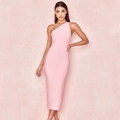 Detail of light pink one-shoulder bodycon bandage dress with high-quality stretch fabric - XS / Pink