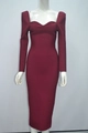 Detail of burgundy long sleeve midi dress featuring sweetheart neckline and padded shoulders - XS / Red
