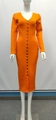 Slim fit bright orange ribbed knit midi dress with long sleeves and V-neck button detail - XS / Orange