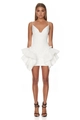 White mini bandage dress featuring corset boning and layered ruffles on the sides - White