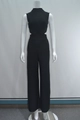 Front detail of black sleeveless jumpsuit featuring waist cut-outs and high neck design - M / Black