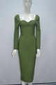Elegant army green long sleeve bodycon bandage dress with sweetheart neckline - XS / Green