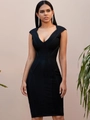 Elegante vestido midi bandage negro sin mangas con cuello en V y textura acanalada - S / Negro