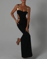 Sultry black bandage maxi dress with gold heart charms and waist cut-outs for evening gala - XS / Black