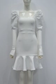 Elegant white square neck bandage dress with long puff sleeves and ruffled hem silhouette - XS / White