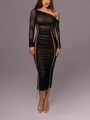 Elegante vestido de malla negra con un hombro, manga larga y corte ajustado plisado - XS / Negro