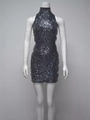 Sparkly sequin sleeveless mini bodycon dress with high neck halter for party and evening events - S / Black