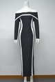Detail of elegant off-shoulder bodycon dress with slimming contrast white side panels - S / Black