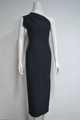 Close-up of asymmetrical pleated neckline on a black slim fit sleeveless evening dress - XS / Black