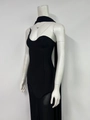 Detail of elegant black tube top evening dress with mesh stitching and matching neck scarf - XS / Black