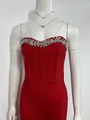 Detailed view of silver floral rhinestone accents on the red strapless bandage dress neckline - XS / Red