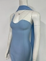 Close-up of light blue bodycon dress with sheer mesh scarf and irregular neckline detail - Sky Blue