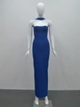 Abito lungo a fascia blu Klein elegante con scollo all'americana e tessuto elasticizzato - Blu Zaffiro