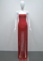 Elegant red strapless bandage dress featuring long tiered fringe tassels for movement - Red