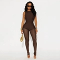 Set body senza maniche marrone scuro e leggings in mesh trasparente da donna, studio - S / Marrone