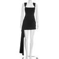 Slim fit black mini dress with square neck, side ruching and long hanging streamer - S / Black