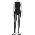 Dettaglio body nero senza maniche con inserti in mesh trasparente e design plissettato - S / Nero