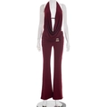 Women's burgundy halter neck pleated top and flare trousers set with gold buckle details - S / Burgundy