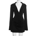 Detail of elegant black long-sleeve dress with V-neck suit collar and waist draping detail - S / Black