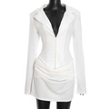 Elegant white slim fit long sleeve mini dress with deep V-neck and ruched detailing - S / White